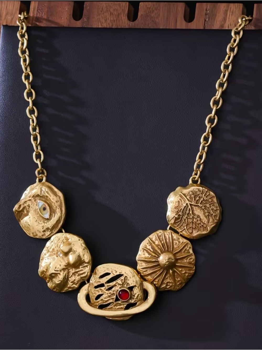 Schiaparelli Inspired Gold Planetary Motif Textured Medallion Necklace